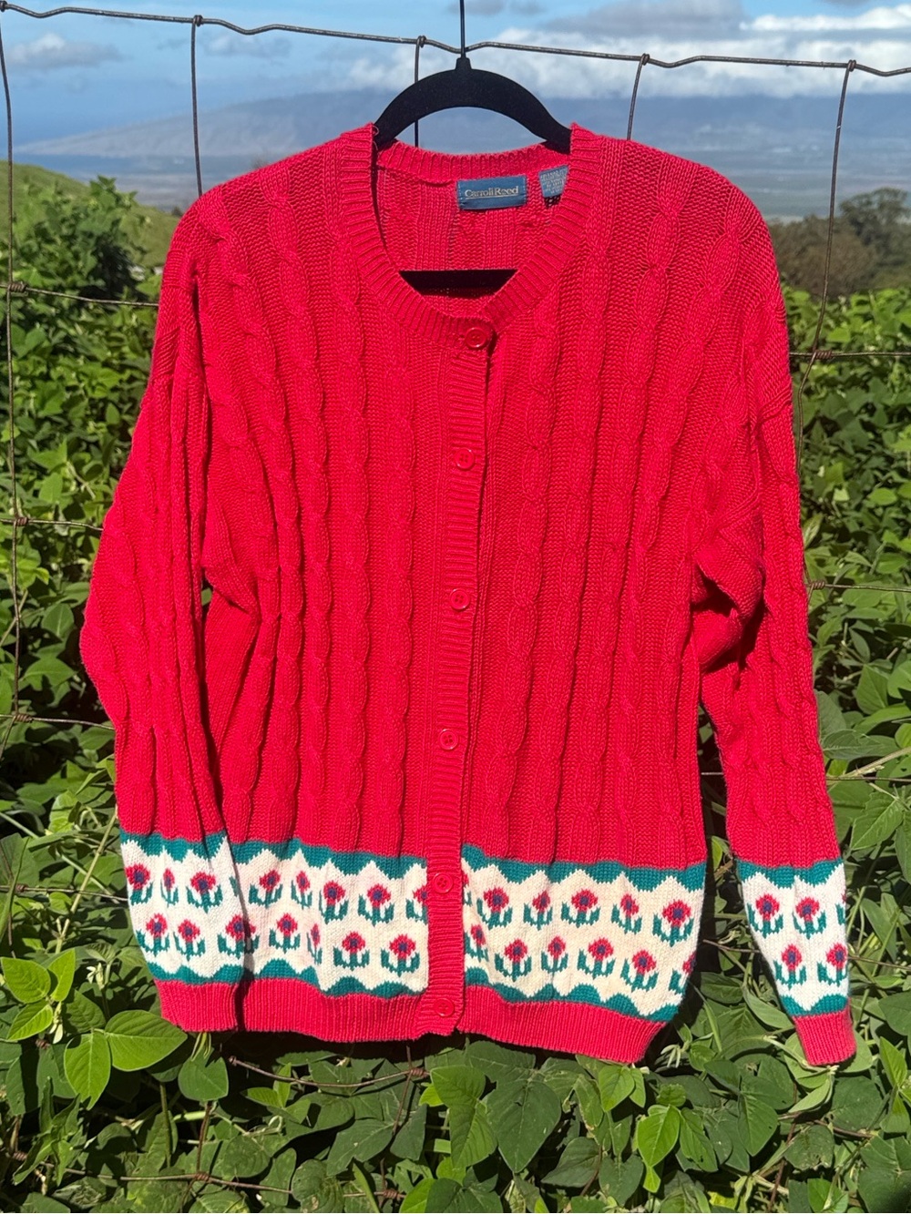 Vintage 90s Red Green Cable Knit Grandma Cardigan Sweater Carrol Reed large